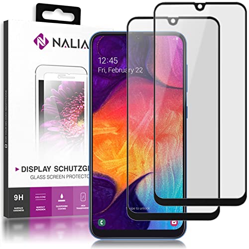 NALIA (2-Pack Schutzglas kompatibel mit Samsung Galaxy A50, 9H Full-Cover Screen Display Schutz, Handy Schutzfolie Bildschirm-Abdeckung Schutz-Film Protector Tempered Glass - Transparent Schwarz von NALIA