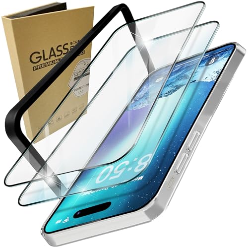 NALIA 2x Schutzglas & 1x Schablone - Set kompatibel mit iPhone 15 Glas, 9H Full-Screen Glasfolie [Case-Friendly] mit Applikator, einfache Installation, Transparenter Displayschutz mit schwarzem Rand von NALIA