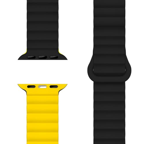 NALIA Core Magnet Armband kompatibel mit Apple Watch Series Ultra/SE/10/9/8/7/6/5/4/3/2/1-42/44/45/46/49mm, Atmungsaktives Silikon Loop, Sportarmband mit Rillendesign, Farbe:Nachtschwarz Gelb NALIA Core Magnet Armband kompatibel mit Apple Watch Series Ultra/SE/10/9/8/7/6/5/4/3/2/1-42/44/45/46/49mm, Atmungsaktives Silikon Loop, Sportarmband mit Rillendesign, Farbe:Nachtschwarz Gelb von NALIA