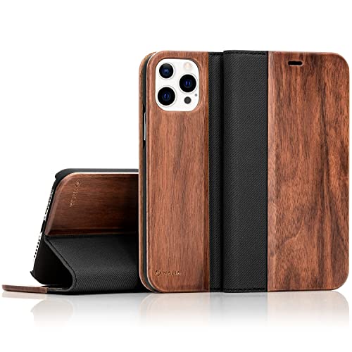 NALIA Echt-Holz Flipcase kompatibel mit iPhone 13 Pro Max Hülle, FSC zert. Natur Holzhülle mit Standfunktion & Kartenfach, Premium Wood Case Wallet Rundum-Schutz Handyhülle Klapphülle Etui - Walnuss von NALIA