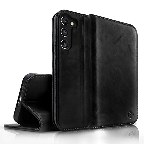 NALIA Echt-Leder Flip-Case kompatibel mit Samsung Galaxy S23 Hülle, 360 Grad Bookcase, RFID-Schutz, Klapphülle mit Kartenfächern und Magnetverschluss, Handyhülle mit Standfunktion, Farbe:Schwarz von NALIA