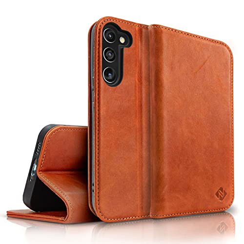 NALIA Echt-Leder Flip-Case kompatibel mit Samsung Galaxy S23 Plus Hülle, 360 Grad Bookcase, RFID-Schutz, Klapphülle mit Kartenfächern und Magnetverschluss, Handyhülle mit Standfunktion, Farbe:Braun von NALIA