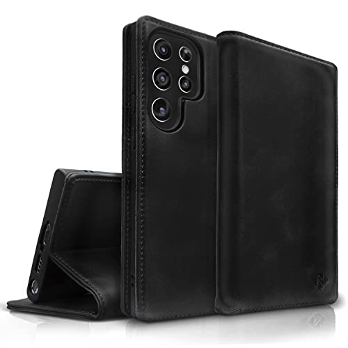 NALIA Echt-Leder Flip-Case kompatibel mit Samsung Galaxy S23 Ultra Hülle, 360 Grad Bookcase, RFID-Schutz, Klapphülle mit Kartenfächern und Magnetverschluss, Handyhülle mit Standfunktion, Farbe:Schwarz von NALIA