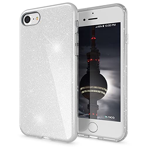 NALIA Glitzer Handyhülle kompatibel mit iPhone SE 2022 / SE 2020 / iPhone 8 / iPhone 7 Hülle, Bling Silikon Cover Glitter Case Bumper Phone Etui Glänzend, Strass Diamant Handy-Tasche, Farbe:Silber von NALIA