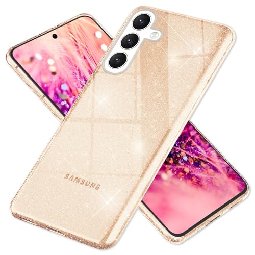 NALIA Glitzernde Klarsichthülle kompatibel mit Samsung Galaxy S24 Plus Hülle, Durchsichtige Silikon Schutzhülle mit integrierten Diamant Pailletten, Schlanke Glamour Glitzerhülle, Farbe:Gold von NALIA