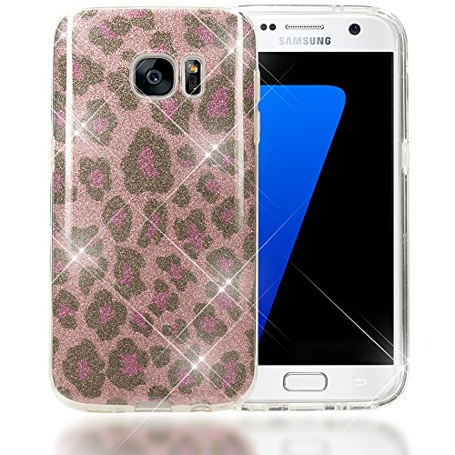 NALIA Handyhülle kompatibel mit Samsung Galaxy S7, Glitzer Leopard Slim Silikon-Case Hülle Back-Cover Schutzhülle, Glitter Leo Sparkle Handy-Tasche, Dünnes Bling Strass Smart-Phone Etui - Pink Lila von NALIA