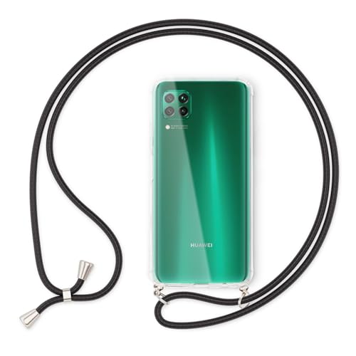 NALIA Handyhülle mit Kette kompatibel mit Huawei P40 lite Hülle, Slim Necklace Hard-Case mit Umhänge-Band, Transparente Schutzhülle & Handy-Schnur, Soft Kordel Cover Etui Handy-Tasche, Farbe:Schwarz von NALIA