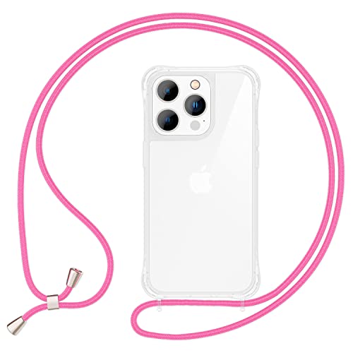 NALIA Handyhülle mit Kette kompatibel mit iPhone 14 Pro Hülle, Transparente Schutzhülle & Handy-Schnur zum Umhängen, Robust Vergilbungsfrei Klar, Hardcase & Silikon Rahmen, Kordel, Farbe:Pink von NALIA
