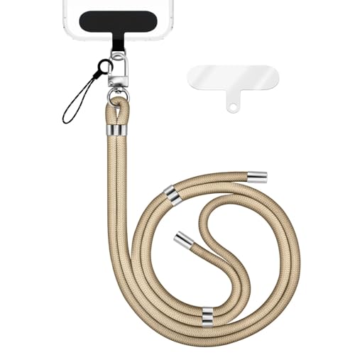 NALIA HoldMe Universal Handykette kompatibel mit Smartphone & Handyhüllen, Nylon-Seil Verstellbar & Abnehmbar, Umhänge-Band, Handyband, Lanyard mit Karabiner & 2 Patches, Farbe:Beige von NALIA