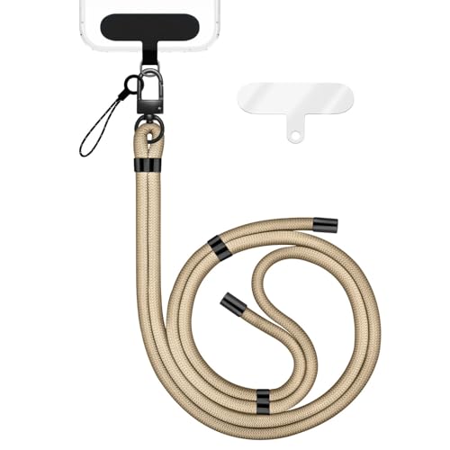 NALIA HoldMe Universal Handykette kompatibel mit Smartphone & Handyhüllen, Nylon-Seil Verstellbar & Abnehmbar, Umhänge-Band, Handyband, Lanyard mit Karabiner & 2 Patches, Farbe:Beige von NALIA