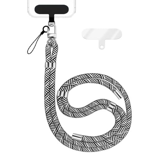 NALIA HoldMe Universal Handykette kompatibel mit Smartphone & Handyhüllen, Nylon-Seil Verstellbar & Abnehmbar, Umhänge-Band, Handyband, Lanyard mit Karabiner & 2 Patches, Farbe:Schwarz Weiß von NALIA
