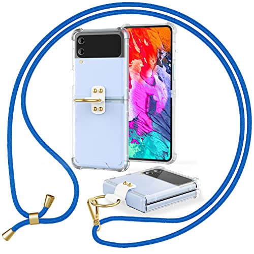 NALIA Klare Handyhülle mit Kette kompatibel mit Samsung Galaxy Z Flip4 Hülle, Transparente Schutzhülle mit Ring & Handy-Schnur zum Umhängen, Robuste Harte Rückseite & Silikon-Rand, Farbe:Blau von NALIA