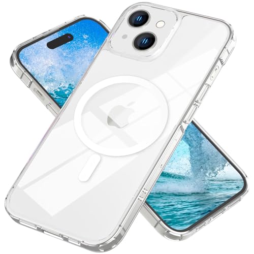 NALIA Klare MagPower Schutzhülle kompatibel mit iPhone 15 Hülle [kompatibel mit MagSafe], Transparent Kristall-Klar Anti-Gelb Durchsichtig, Stoßfeste Harte Rückseite & Silikon-Rahmen, Handyhülle Case von NALIA