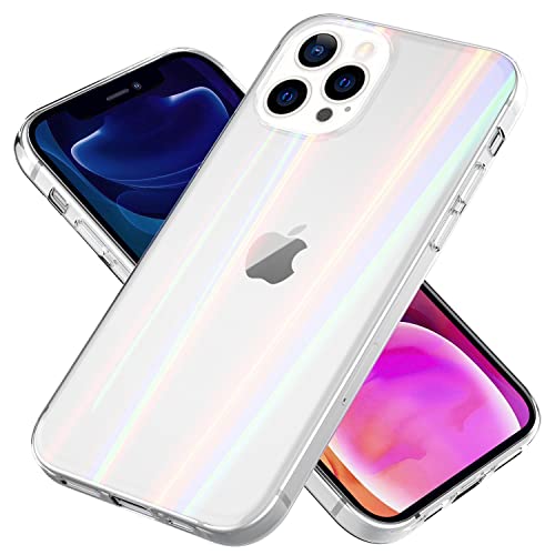 NALIA Klares Hartglas Case kompatibel mit iPhone 13 Pro Max Hülle, Transparent Regenbogen Effekt Anti-Gelb Kratzfest Tempered Glass & Silikon Bumper, Holografisch Bunt Glänzende Handyhülle Glashülle von NALIA