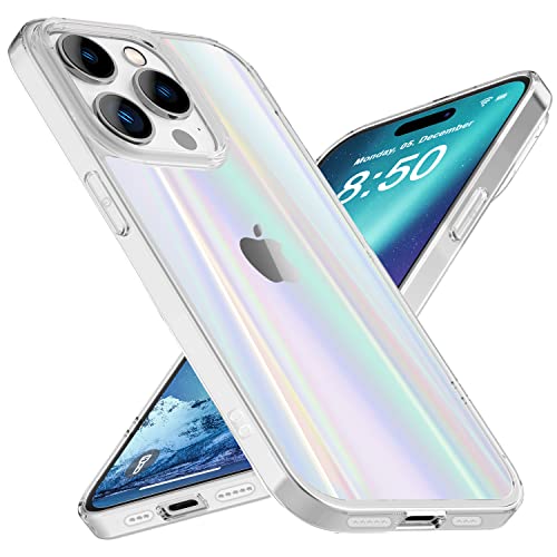 NALIA Klares Hartglas Case kompatibel mit iPhone 14 Pro Max Hülle, Transparent Regenbogen Effekt Anti-Gelb Kratzfest Tempered Glass & Silikon Bumper, Holografisch Bunt Glänzende Handyhülle Hardcase von NALIA