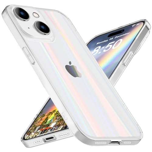 NALIA Klares Hartglas Cover kompatibel mit iPhone 15 Plus Hülle, Durchsichtig Regenbogen Effekt Kratzfest Anti-Gelb Tempered Glass mit Silikon, Transparent Holografisch Glänzend Handyhülle Case von NALIA