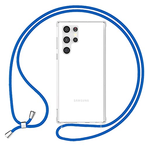 NALIA Klares Hybrid Case mit Kette kompatibel mit Samsung Galaxy S23 Ultra Hülle, Transparent Anti-Gelb Verstärkte Ecken, Harte Rückseite & Silikon-Rahmen, Handyhülle & Handy-Band, Farbe:Blau von NALIA