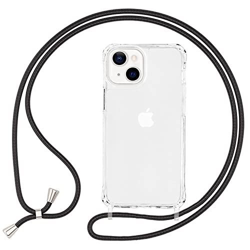 NALIA Klares Hybrid Case mit Kette kompatibel mit iPhone 13 Mini Hülle, Transparent Anti-Gelb Robust Verstärkte Ecken Hardcase & Silikon Rahmen, Stoßfeste Schutzhülle & Handy-Schnur, Farbe:Schwarz von NALIA