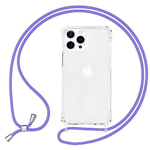 NALIA Klares Hybrid Case mit Kette kompatibel mit iPhone 13 Pro Max Hülle, Transparent Anti-Gelb Robust Stoßfest Verstärkte Ecken Hardcase & Silikon Rahmen, Schutzhülle & Handy-Schnur, Farbe:Lila von NALIA