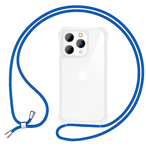 NALIA Klares Hybrid Cover mit Kette kompatibel mit iPhone 15 Pro Hülle, Durchsichtig Robust Anti-Gelb Hardcase & Silikon Rahmen, Verstärkte Ecken, Schutzhülle & Handykette, Farbe:Blau von NALIA