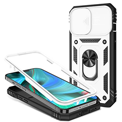 NALIA Military-Style Ringhülle kompatibel mit iPhone 13 Pro Hülle, Extrem Schützend mit Display-Rahmen & Kamera-Abdeckung, 360° Ring für Standfunktion & KFZ-Halterung, Hardcase Robust, Farbe:Weiß von NALIA