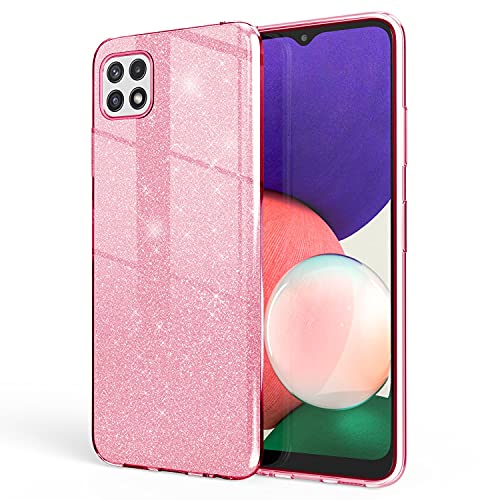 NALIA Robuste Glitzerhülle kompatibel mit Samsung Galaxy A22 5G Hülle, Stoßfeste Glänzende Glitzer Hybrid Schutzhülle Verstärkte Silikon Handyhülle, Glitter Case Diamant Bling Cover, Farbe:Pink von NALIA