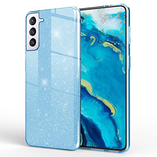 NALIA Robuste Glitzerhülle kompatibel mit Samsung Galaxy S22 Hülle, Stoßfeste Glänzende Glitzer Hybrid Schutzhülle Verstärkte Silikon Handyhülle, Glitter Case Diamant Cover Bling Etui, Farbe:Blau von NALIA