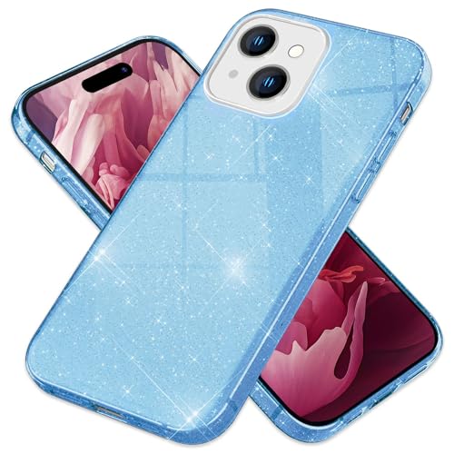 NALIA Robustes Glitzer Cover kompatibel mit iPhone 15 Hülle, Glänzende Glitter Schutzhülle, Verstärkte Silikon Hybrid Handyhülle, Diamant Case Bling Strass Pailletten Diamond Etui, Farbe:Blau von NALIA