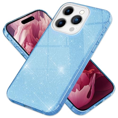 NALIA Robustes Glitzer Cover kompatibel mit iPhone 15 Pro Hülle, Glänzende Glitter Schutzhülle, Verstärkte Silikon Hybrid Handyhülle, Diamant Case Bling Strass Pailletten Diamond Etui, Farbe:Blau von NALIA