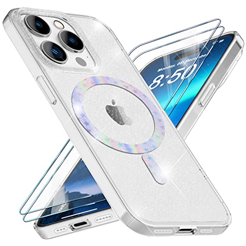 NALIA Set [3-in-1] MagPower Glitzerhülle & 2X Schutzglas kompatibel mit iPhone 14 Pro Hülle [kompatibel mit MagSafe], Transparent Anti-Gelb Diamant Pailletten Cover, Silikon Handycover Klar Kratzfest von NALIA