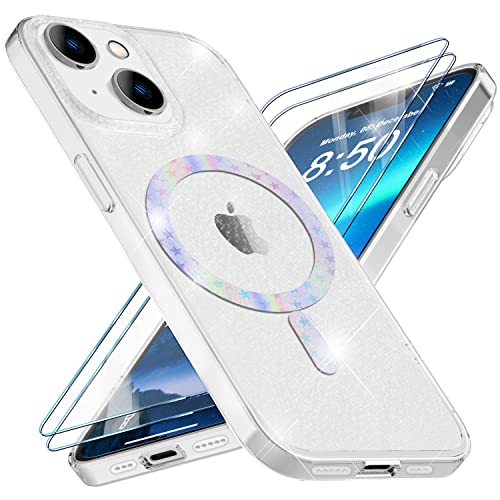 NALIA Set [3-in-1] MagPower Glitzerhülle & 2x Schutzglas kompatibel mit iPhone 14 Hülle [kompatibel mit MagSafe], Transparent Anti-Gelb Diamant Pailletten Cover, Silikon Handycover Klar Kratzfest Slim von NALIA