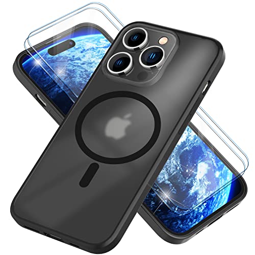 NALIA Set [3-in-1] MagPower Schutzhülle & 2X Schutzglas kompatibel mit iPhone 14 Pro Max Hülle [kompatibel mit MagSafe], Halb-Transparent Matt Anti-Gelb Case, Harte Rückseite & Silikon-Rahmen Schwarz von NALIA