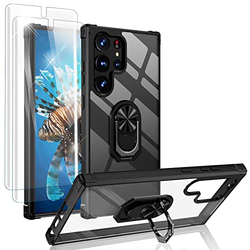 NALIA Set [3-in-1] kompatibel mit Samsung Galaxy S23 Ultra Hülle, [1x Klare Ringhülle & 2X Displayschutz] Transparent Anti-Gelb Stoßfest, 360° Drehbarer Ring, Harte Rückseite & Silikon-Rahmen Schwarz von NALIA