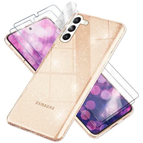 NALIA Set [5-in-1] kompatibel mit Samsung Galaxy S23 Plus Hülle, [1x Glitzerhülle & 2X Displayschutz & 2X Kameraschutz] Durchsichtig Anti-Gelb Diamant Glitzer, Silikon Schutzhülle, Farbe:Gold von NALIA