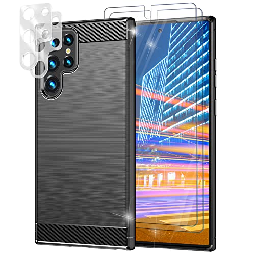 NALIA Set [5-in-1] kompatibel mit Samsung Galaxy S23 Ultra Hülle, [1x Carbon Look Silikonhülle & 2X Displayschutz & 2X Kameraschutz] Matt-Schwarz Anti-Fingerabdruck Kohlefaser-Optik, Dünne Handyhülle von NALIA