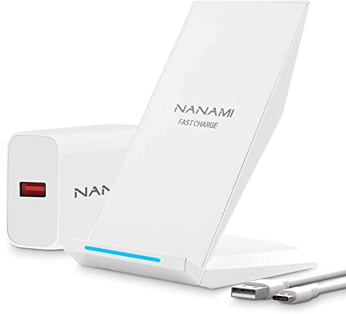 NANAMI Fast Wireless Charger, Induktive Ladestation mit Quick Charge 3.0 Adapter für iPhone 15 14 13 12 11 Max XR X Pro Mini, 10W Qi Kabelloses Ladegerät für Samsung Galaxy S24 S23 S22 Plus Ultra Weiß von NANAMI