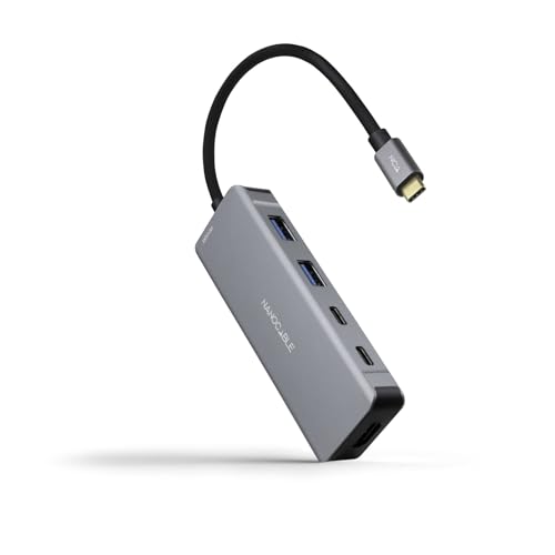 NANOCABLE 10.16.1006 – 6-in-1-Konverter-Hub, USB-C 3.2 GEN1 5G-Stecker auf 2 USB-A-Anschlüsse + 2 USB-C-Anschlüsse + HDMI + USB-C PD 100 W, Aluminium, 15 cm, Grau von NANOCABLE