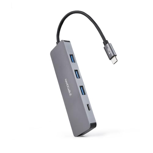 NANOCABLE 10.16.4409 – USB-C-Konverter-Hub zu 3 USB-A 3.0-Buchsenanschlüssen + 1 USB-C-Buchsenanschluss, Aluminium, 10 cm, Grau von NANOCABLE