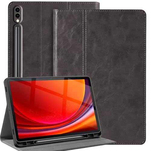 NANRUIL Hülle für Samsung Galaxy Tab S9FE+ und S9/S10 Plus+12,4 Zoll 2023/2024(X820/X826/X816/X810/X610) Echtes Leder Tablet Schutzhülle Case Cover,mit S Pen Halter und Auto Wachen/Schlafen.Grau von NANRUIL