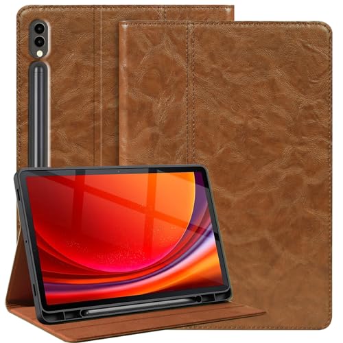 NANRUIL Hülle für Samsung Galaxy Tab S9FE+ und S9/S10 Plus+12,4 Zoll 2023/2024(X820/X826/X816/X810/X610) Echtes Leder Tablet Schutzhülle Case Cover,mit S Pen Halter und Auto Wachen/Schlafen.Khaki von NANRUIL