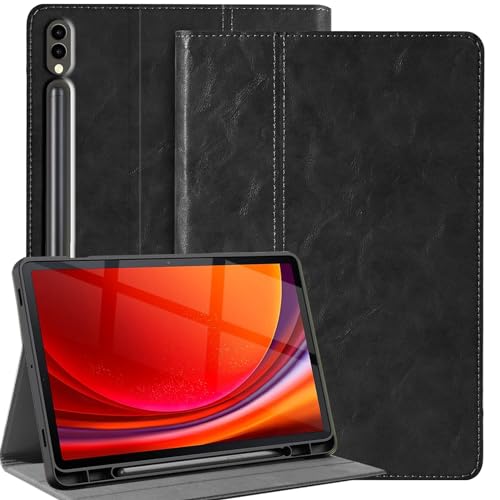 NANRUIL Hülle für Samsung Galaxy Tab S7 FE und S7/S8 Plus + 12,4Zoll 2020/2021/2022(X800/X806/T730/T733/T970/T975) Echtes Leder Schutzhülle Case Cover,mit S Pen Halter und Auto Wachen/Schlafen.Schwarz von NANRUIL