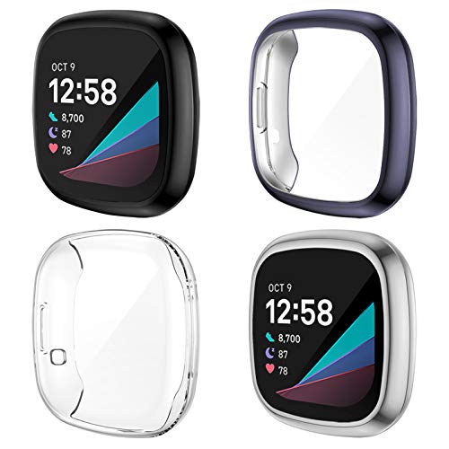 NANW 4er-Pack Displayschutzfolie kompatibel mit Fitbit Sense und Versa 3, weiche TPU beschichtete Bumper Full Cover Schutzhüllen für Sense Smartwatch von NANW