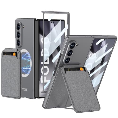 NATNAV Handyhülle für Samsung Galaxy Z Fold 6 Hülle mit Abnehmbarem Magnetischer Leder Kartenfächer, mit Integrierter Panzerglas Front Displayschutzfolie und Ständer (Grau) von NATNAV