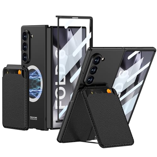 NATNAV Handyhülle für Samsung Galaxy Z Fold 6 Hülle mit Abnehmbarem Magnetischer Leder Kartenfächer, mit Integrierter Panzerglas Front Displayschutzfolie und Ständer (Schwarz) von NATNAV