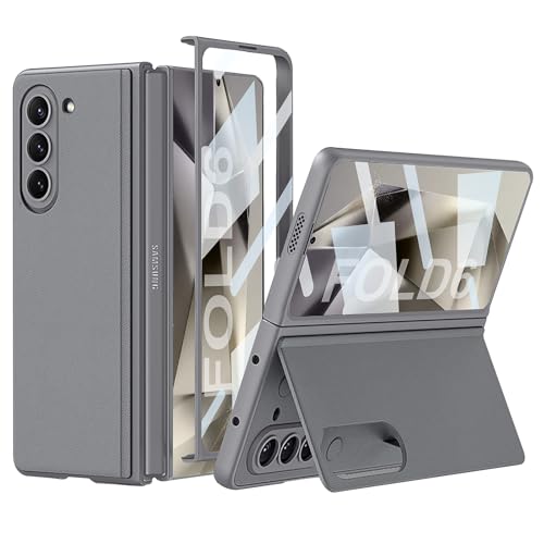 NATNAV Handyhülle für Samsung Galaxy Z Fold 6 Hülle mit Ständer, mit Integrierter Panzerglas Front Displayschutzfolie, Leder Klapphülle (Grau) von NATNAV