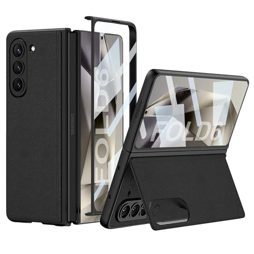 NATNAV Handyhülle für Samsung Galaxy Z Fold 6 Hülle mit Ständer, mit Integrierter Panzerglas Front Displayschutzfolie, Leder Klapphülle (Schwarz) von NATNAV