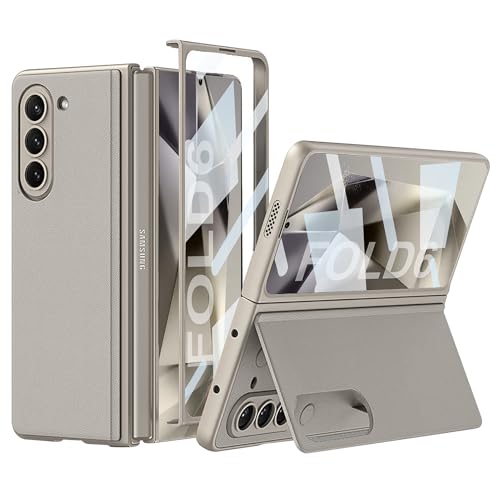 NATNAV Handyhülle für Samsung Galaxy Z Fold 6 Hülle mit Ständer, mit Integrierter Panzerglas Front Displayschutzfolie, Leder Klapphülle (Titan Grau) von NATNAV