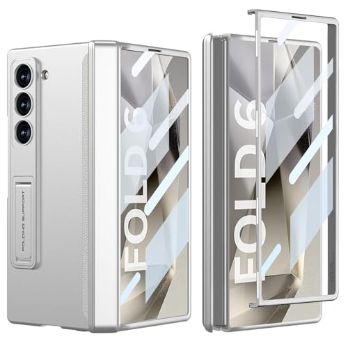NATNAV für Samsung Galaxy Z Fold 6 Hülle [Magnetischer Scharnierschutz] [Displayschutzfolie vorne] [Versteckter Ständer] Ultradünner PC 360-Grad-All-Inclusive-Stoßschutzhülle für Handyhüllen (Silber) von NATNAV