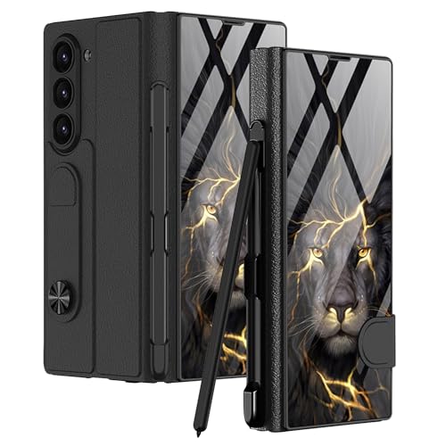 NATNAV für Samsung Galaxy Z Fold 6 Hülle mit S Pen Slot, Luxus Flip Plating Glas Kristall Hybrid Leder 360-Grad All-Inclusive stoßfeste Schutzhülle für Samsung Fold 6 (männlicher Löwe) von NATNAV
