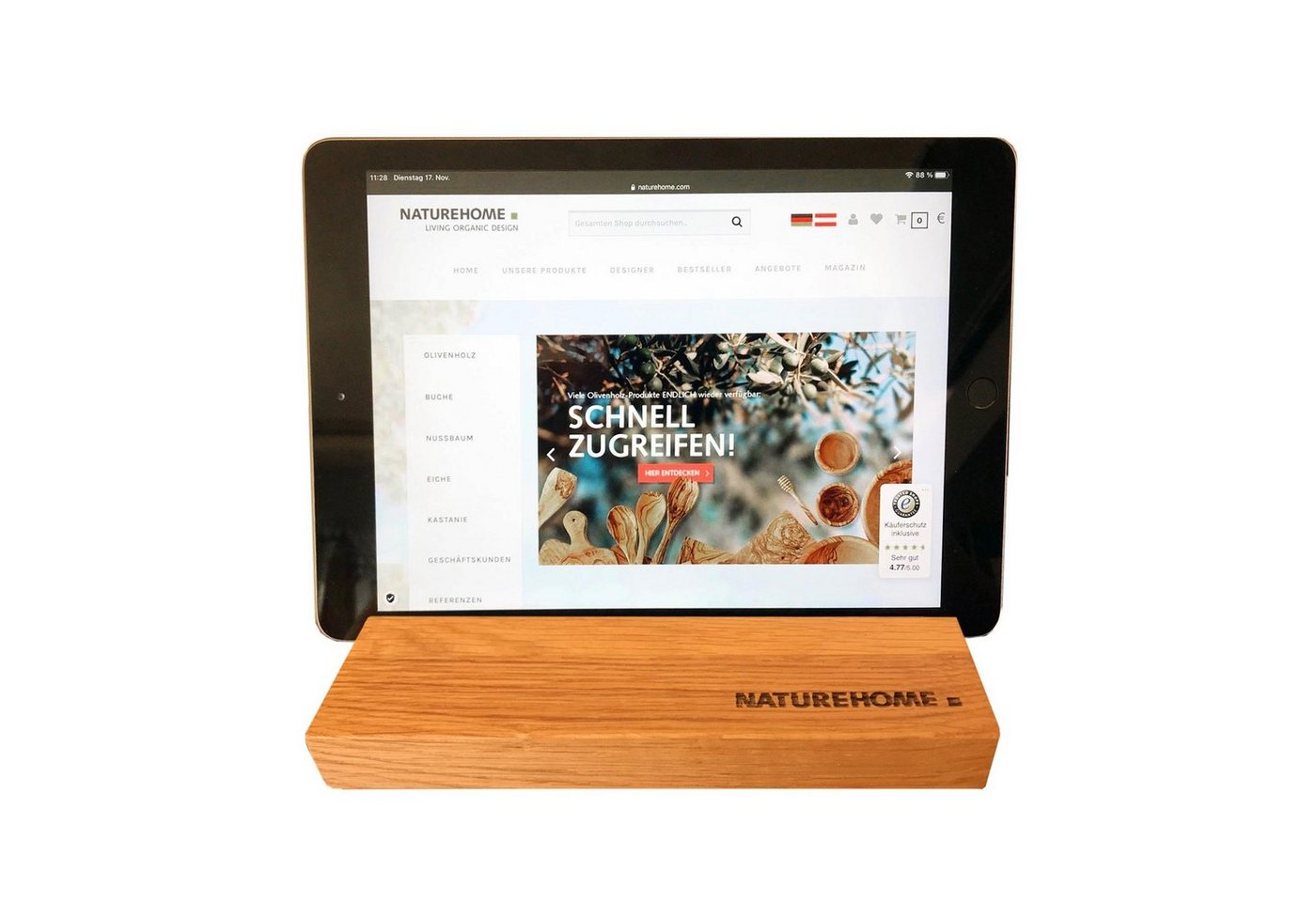 NATUREHOME Tablet-Halter KIndle-Ständer Holz Eiche o. Nussbaum 19,5x12,5x 2,5 cm Tablet-Halterung, (1-tlg., NATUREHOME Büro, Handarbeit, Vegan) von NATUREHOME